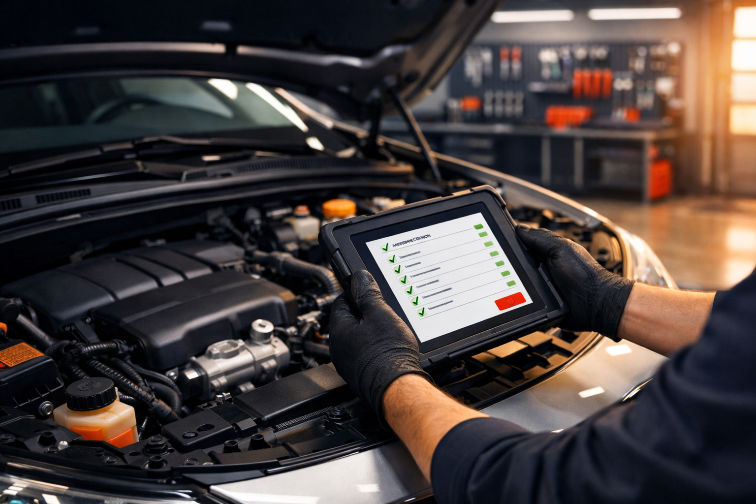 Teknisyen araç motorunu kontrol ediyor, bakım raporu elinde