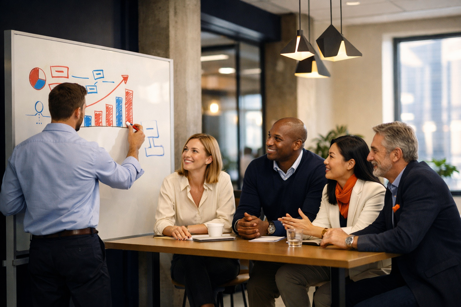 Rentiqo ekibi açık ofiste beyaz tahta önünde filo stratejisi planlıyor