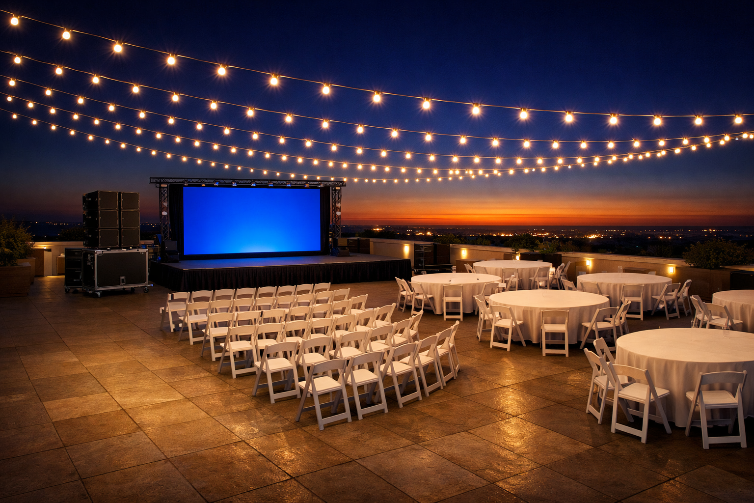 Açık hava etkinliğinde kurulan mobilya ve ses sistemi