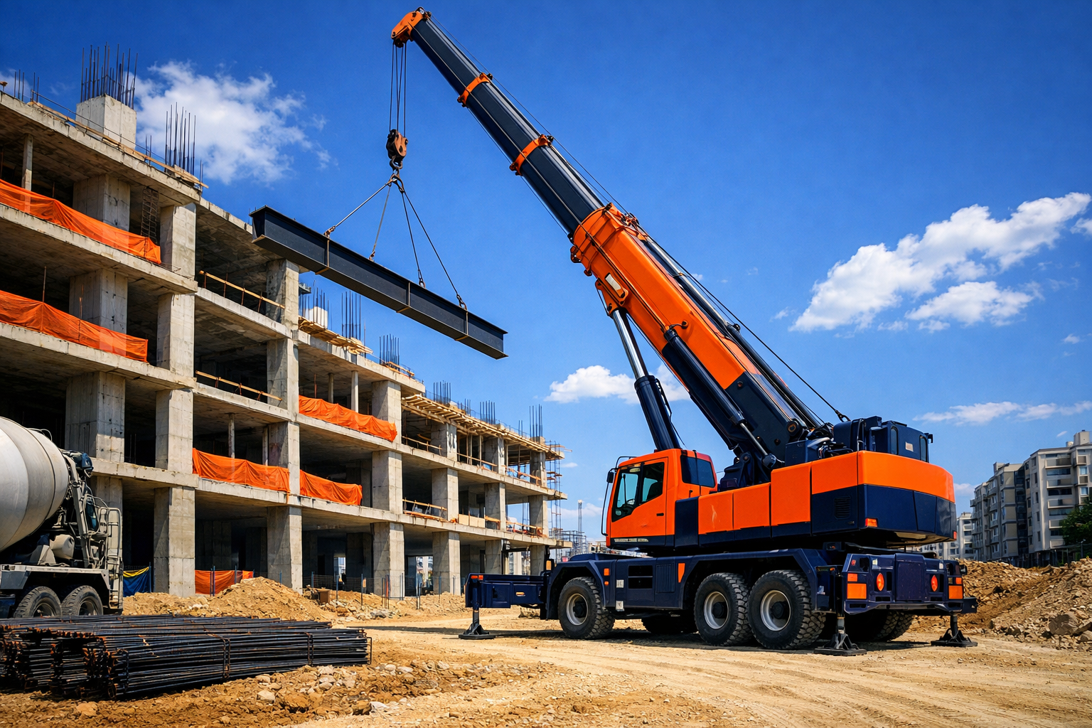 Şantiyede çalışan mobil vinç ve iş makineleri