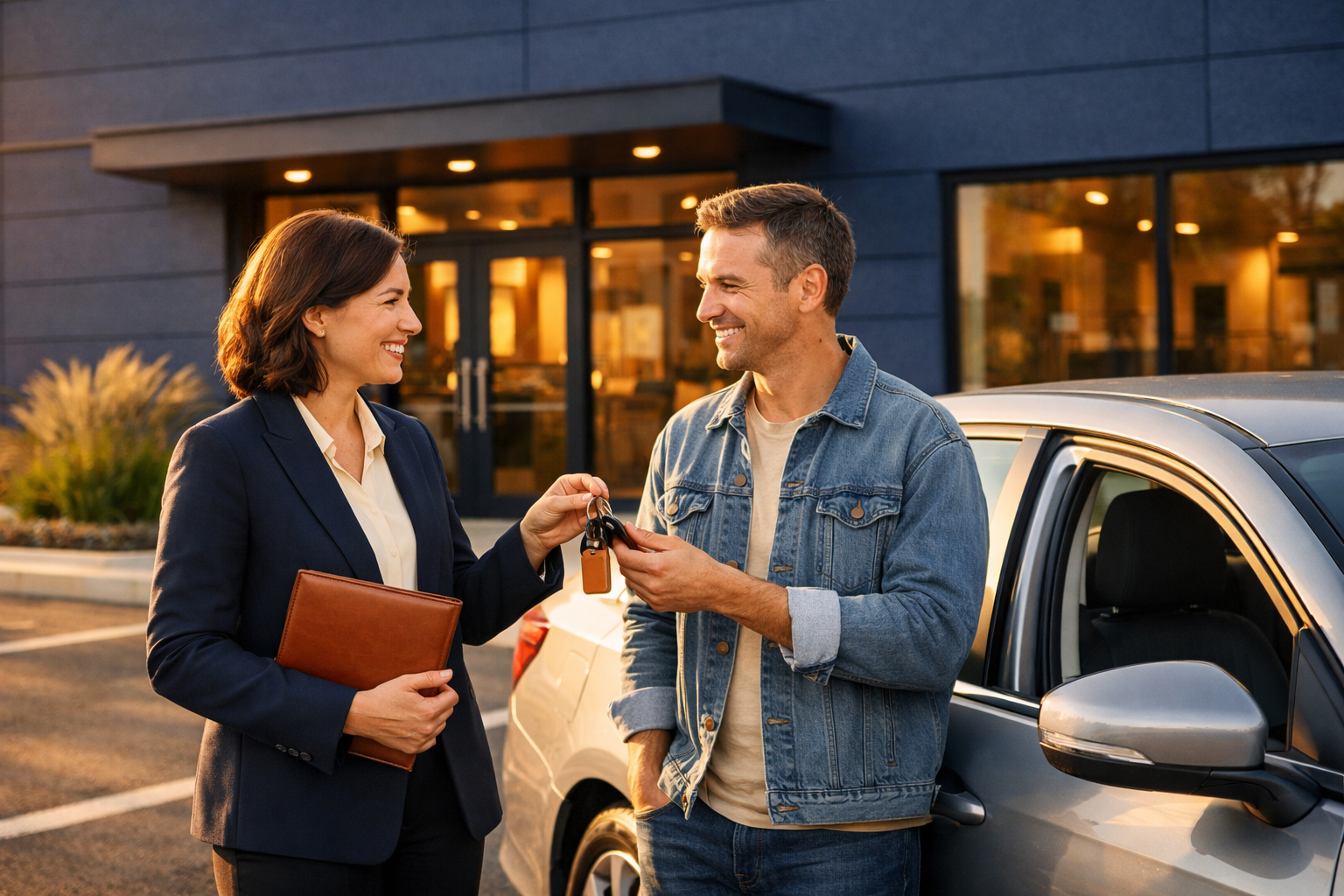 Müşteriye araç anahtarı teslim ediliyor, ofis önünde gülümseyen yüzler