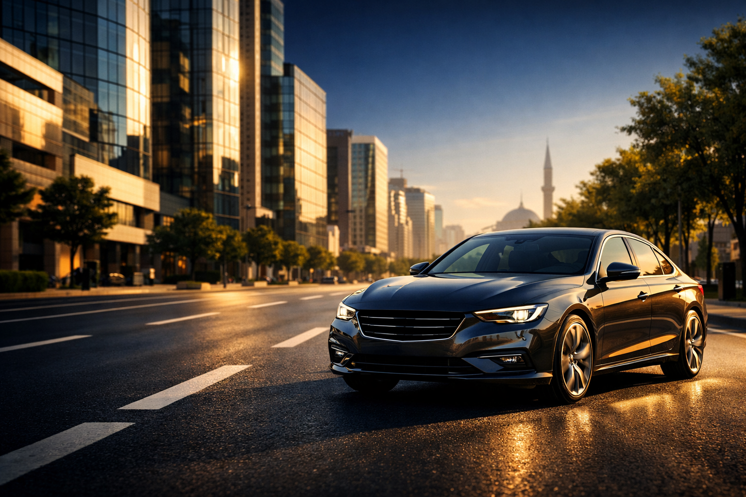 Şehir trafiğinde seyir halindeki beyaz sedan araç