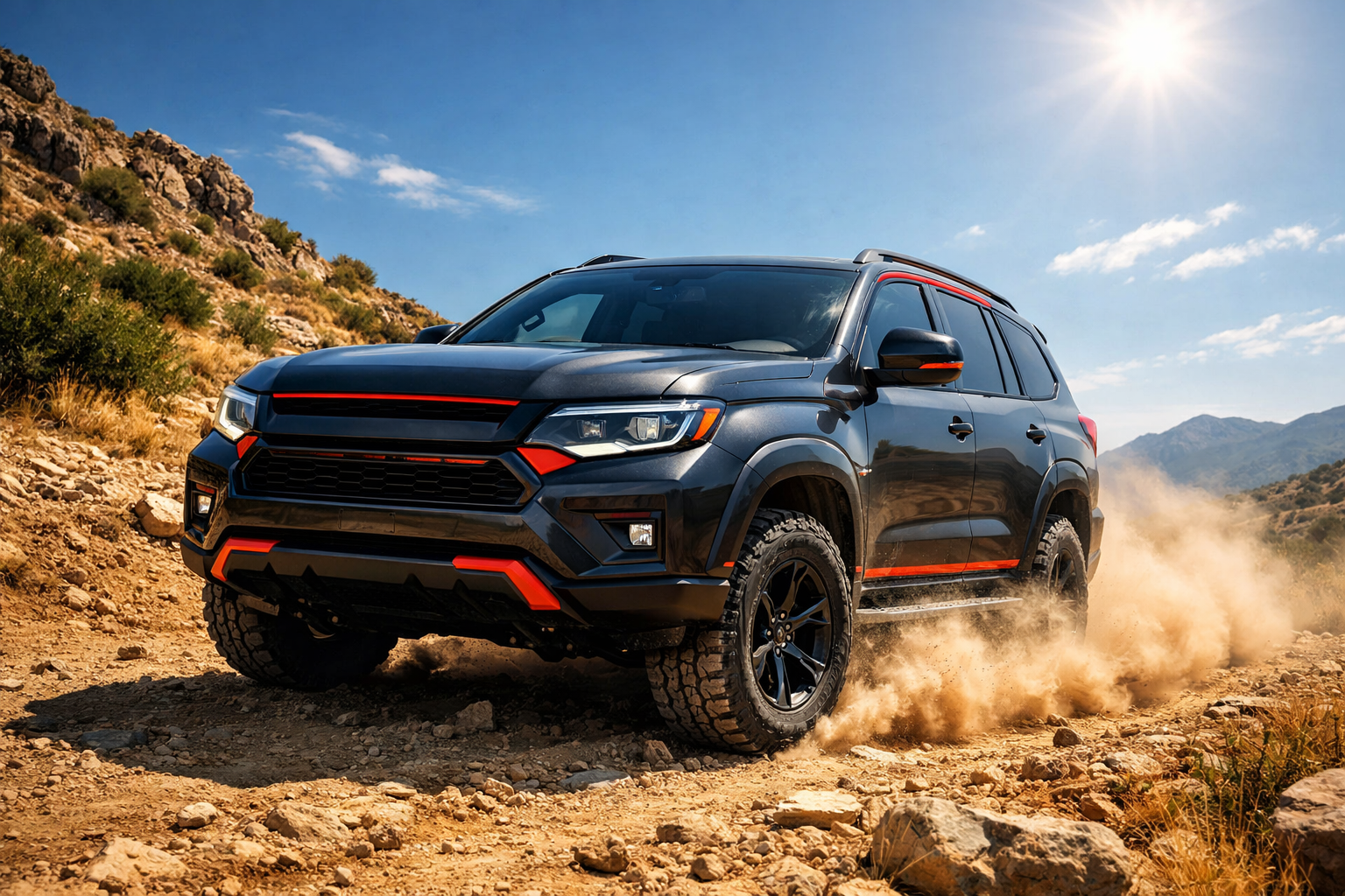 Dağ yolunda ilerleyen siyah SUV araç